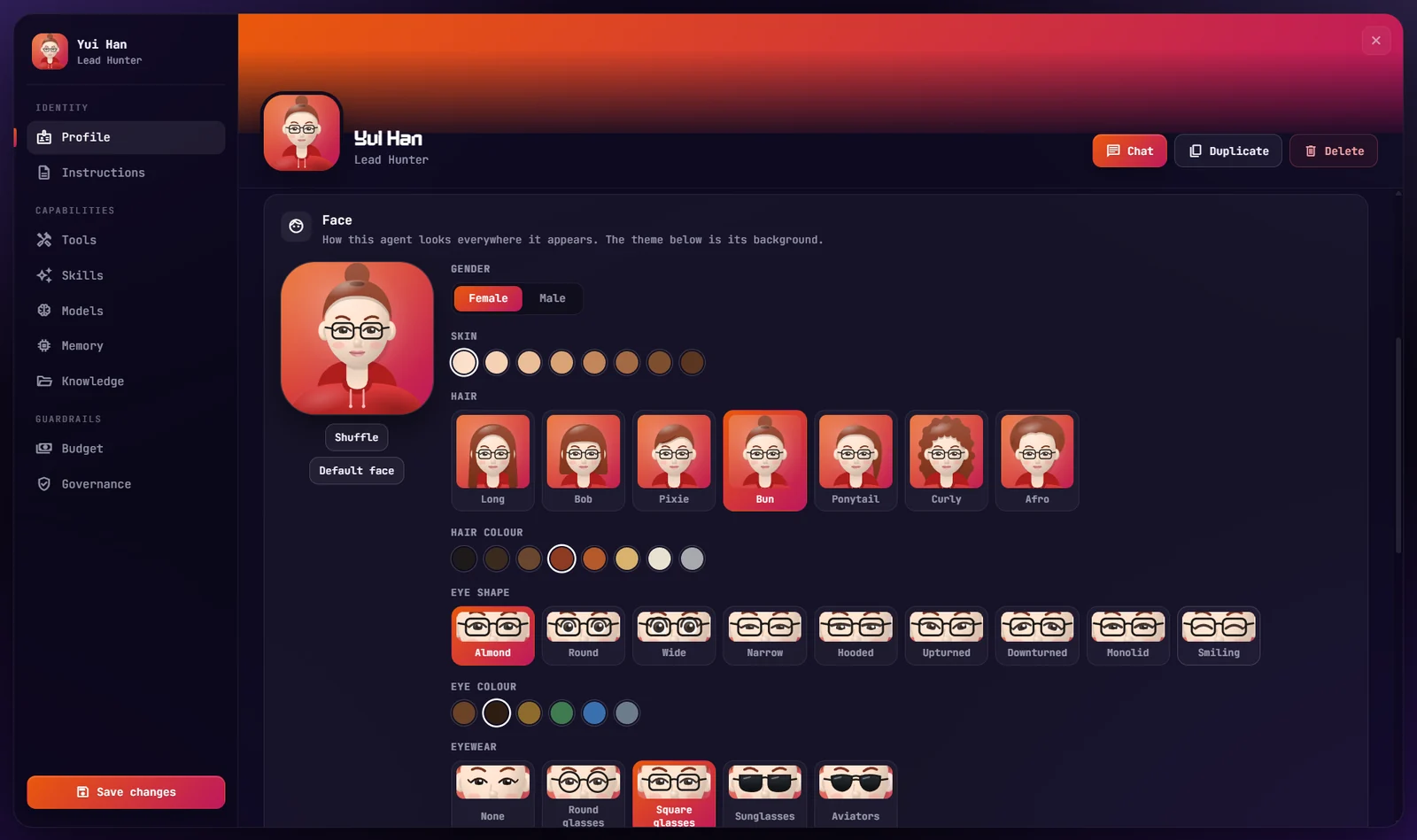 Face: build how the agent looks, from gender and skin to hair, eyes, eyewear and clothes, with Shuffle and Default face.