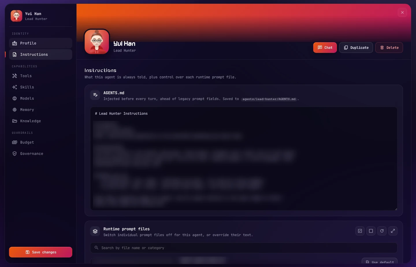 Instructions: the agent's AGENTS.md, and the runtime prompt files below it.