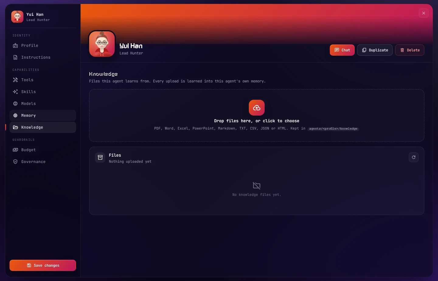 Knowledge: drop files in, and follow each one as it is learned into the agent's memory.