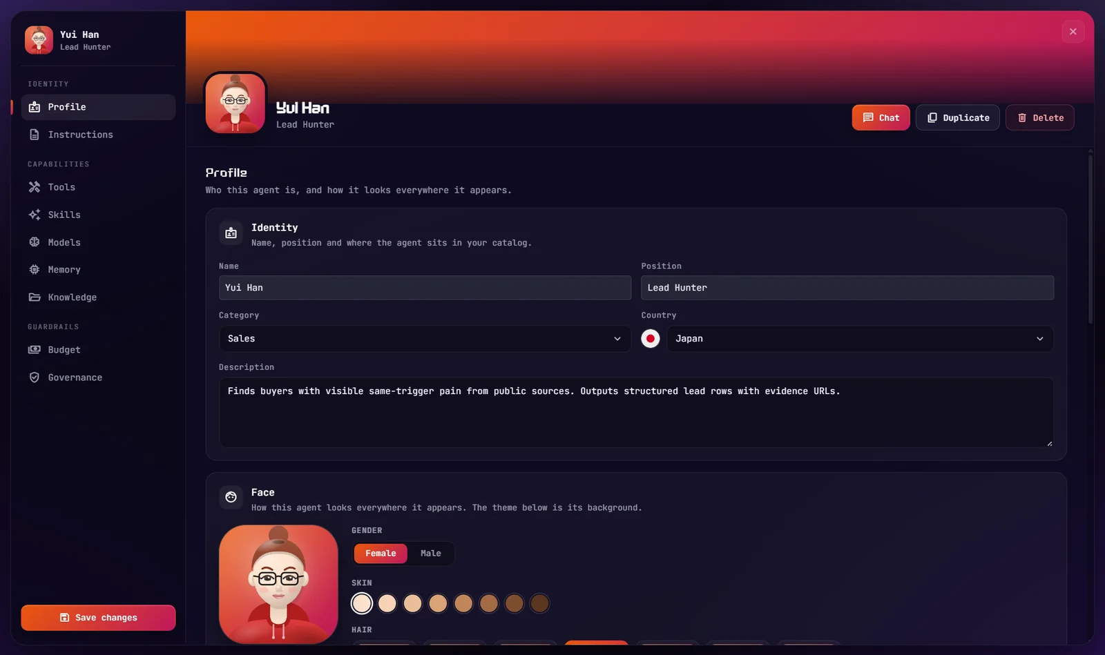 The agent editor: sections on the left, the agent's cover and face on top, and the Profile page with its identity and face.