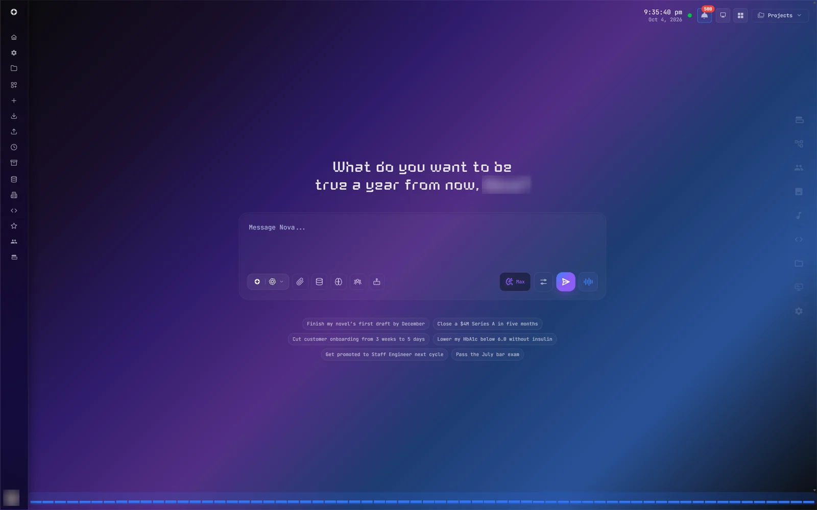 The main screen. A new chat asks what you want to be true a year from now, with example goals to start from; the buttons under the box choose who answers, how hard it thinks and what it may use.