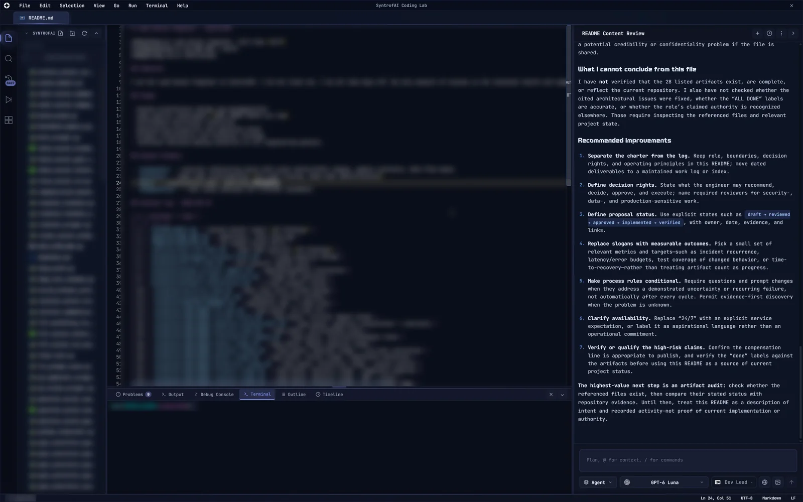 Coding Lab: the explorer, an open file, the terminal below, and the AI developer on the right.