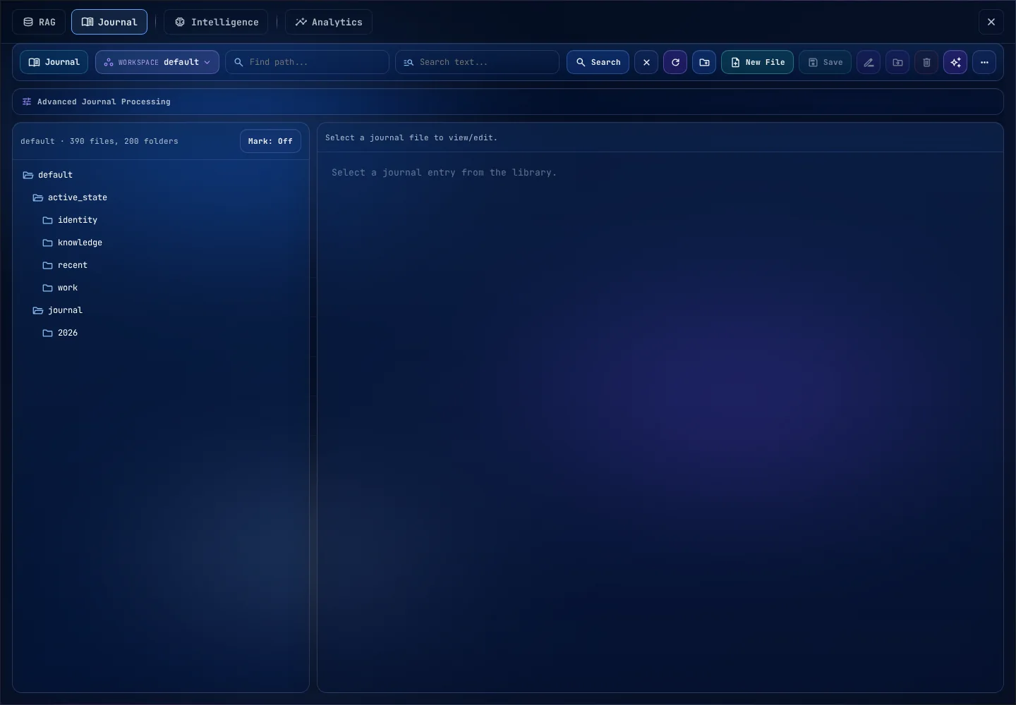 The Journal: the library of folders and files on the left, the editor on the right.