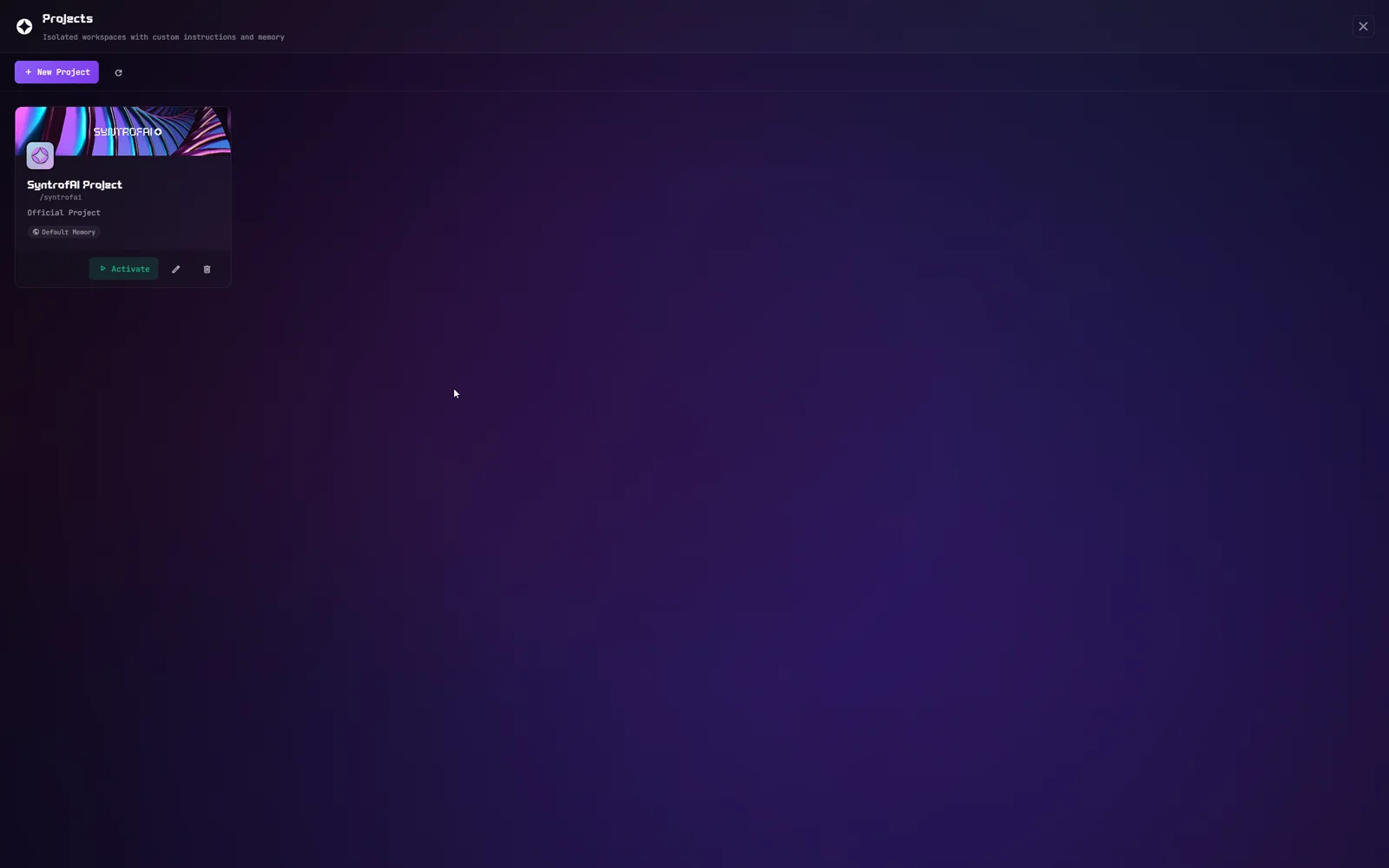 The Projects window: one card per project, with Activate, edit and delete.