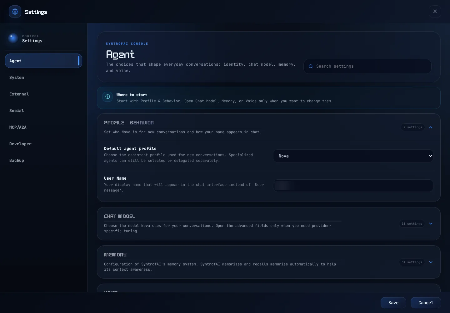 Settings on the Agent tab: the tab list on the left, a search box, and sections you open one at a time.