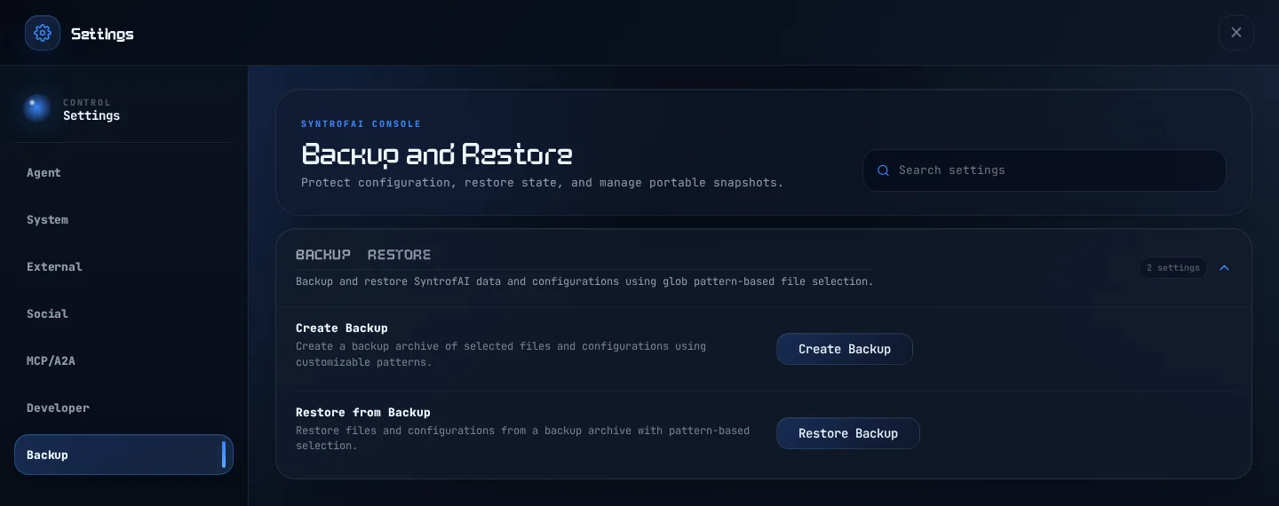 The Backup tab: create a backup archive or restore one.