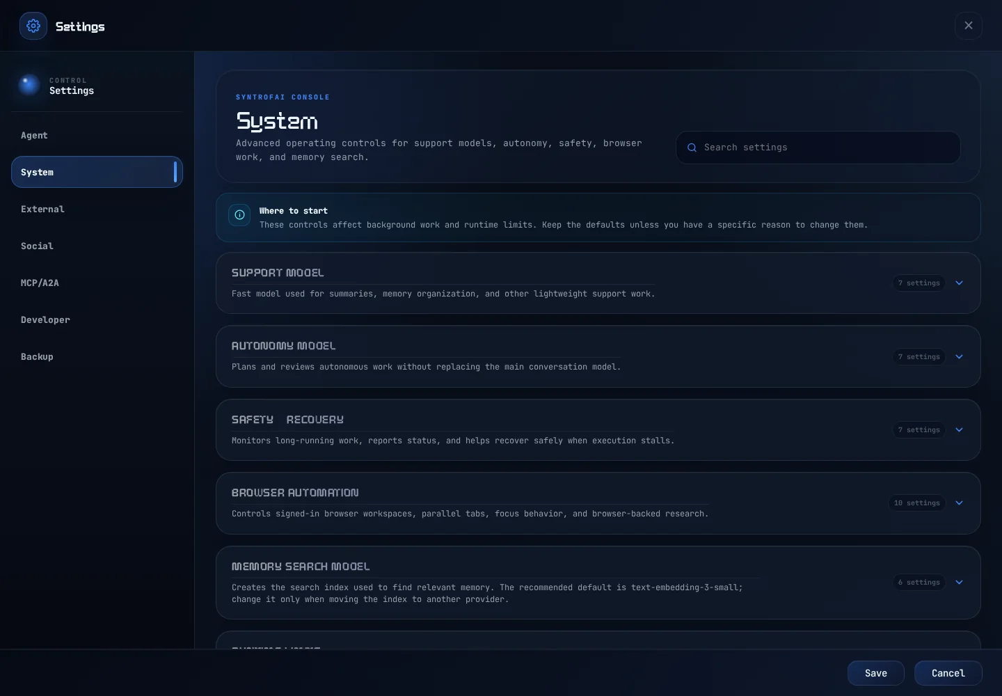 The System tab: support models, browser automation and memory search, each in its own section.