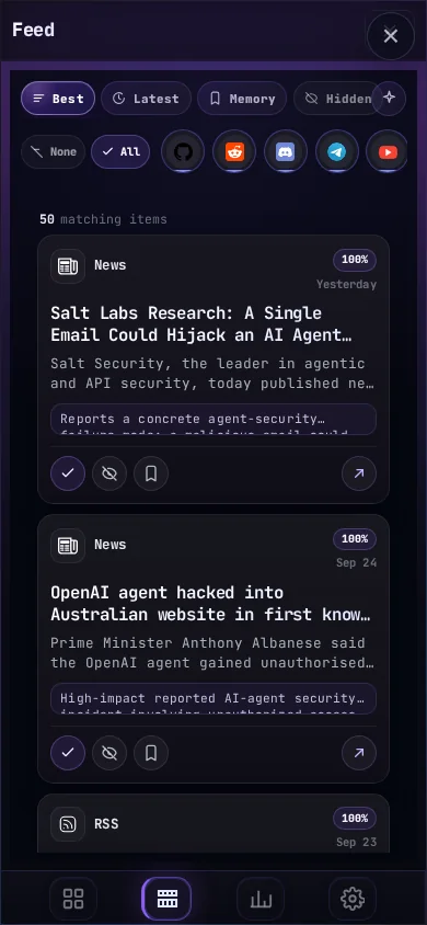 The Feed: posts from your sources, ranked by Signal, with buttons to train it on every card., phone view