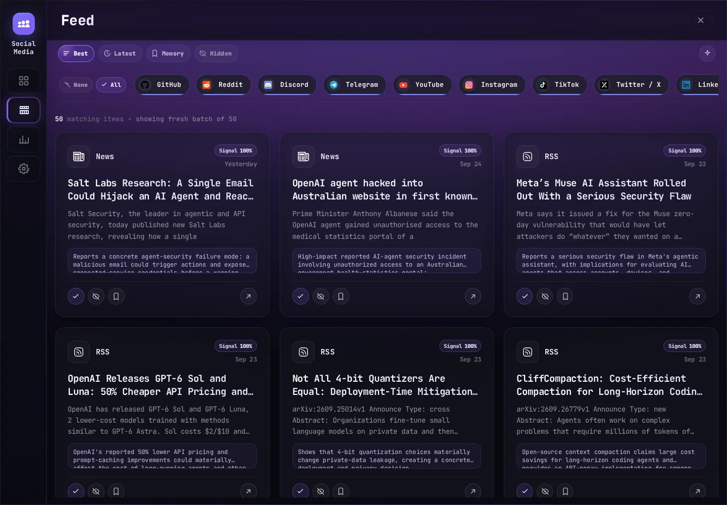 The Feed: posts from your sources, ranked by Signal, with buttons to train it on every card.