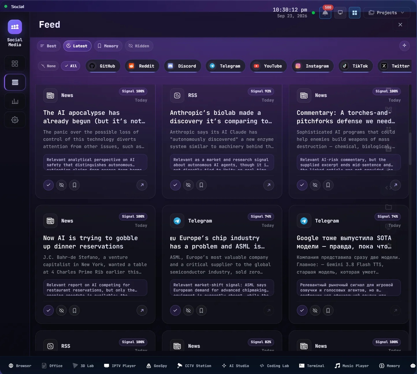 The Social feed in the right pane, with posts ranked by Signal and the app chips along the bottom.