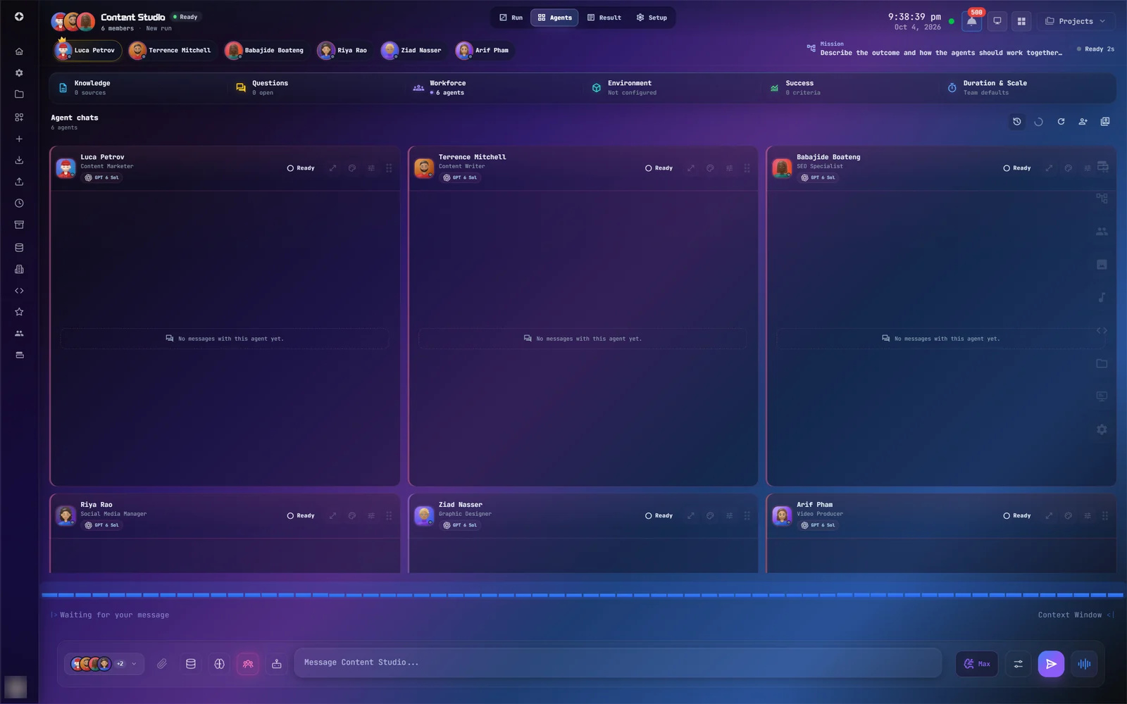 The Agents view: one chat pane per member, each with its face, position, model and state.