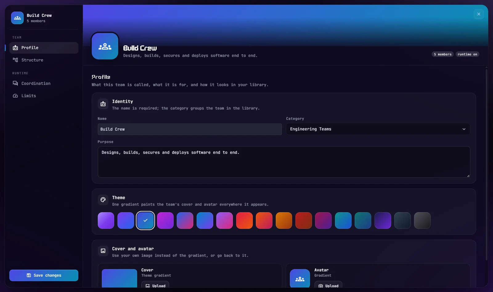The team editor's Profile page: the team's name, category and purpose, its theme gradient, and its cover and avatar.