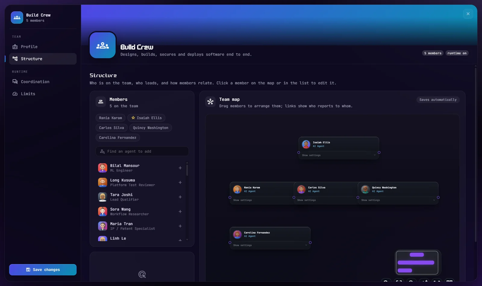 The team editor's Structure page: the members and the agents you can add on the left, the selected member below them, and the team map on the right.