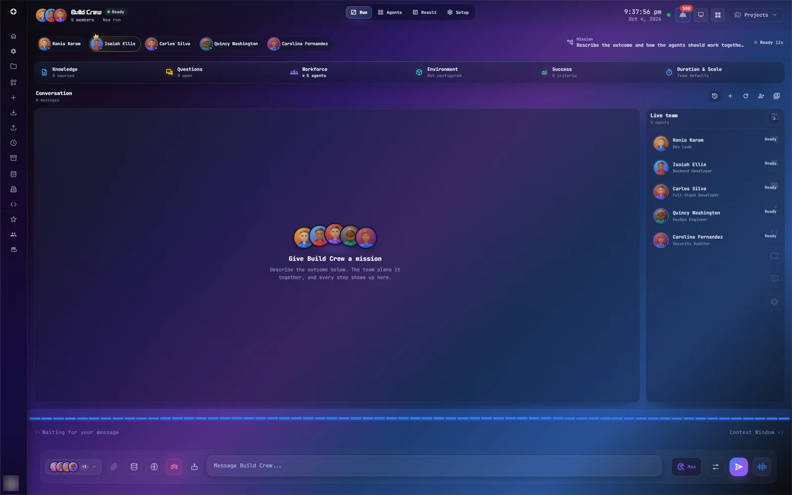 A team in the main chat: the members' faces with the coordinator's crown, the mission status, the six mission cards, the conversation, and the Live team panel on the right.