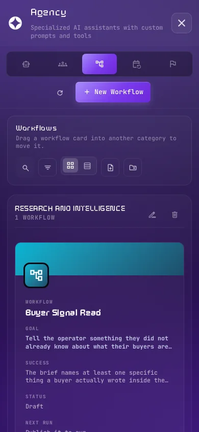 The library: workflows grouped in categories, each card with its goal, success test, status and next run., phone view