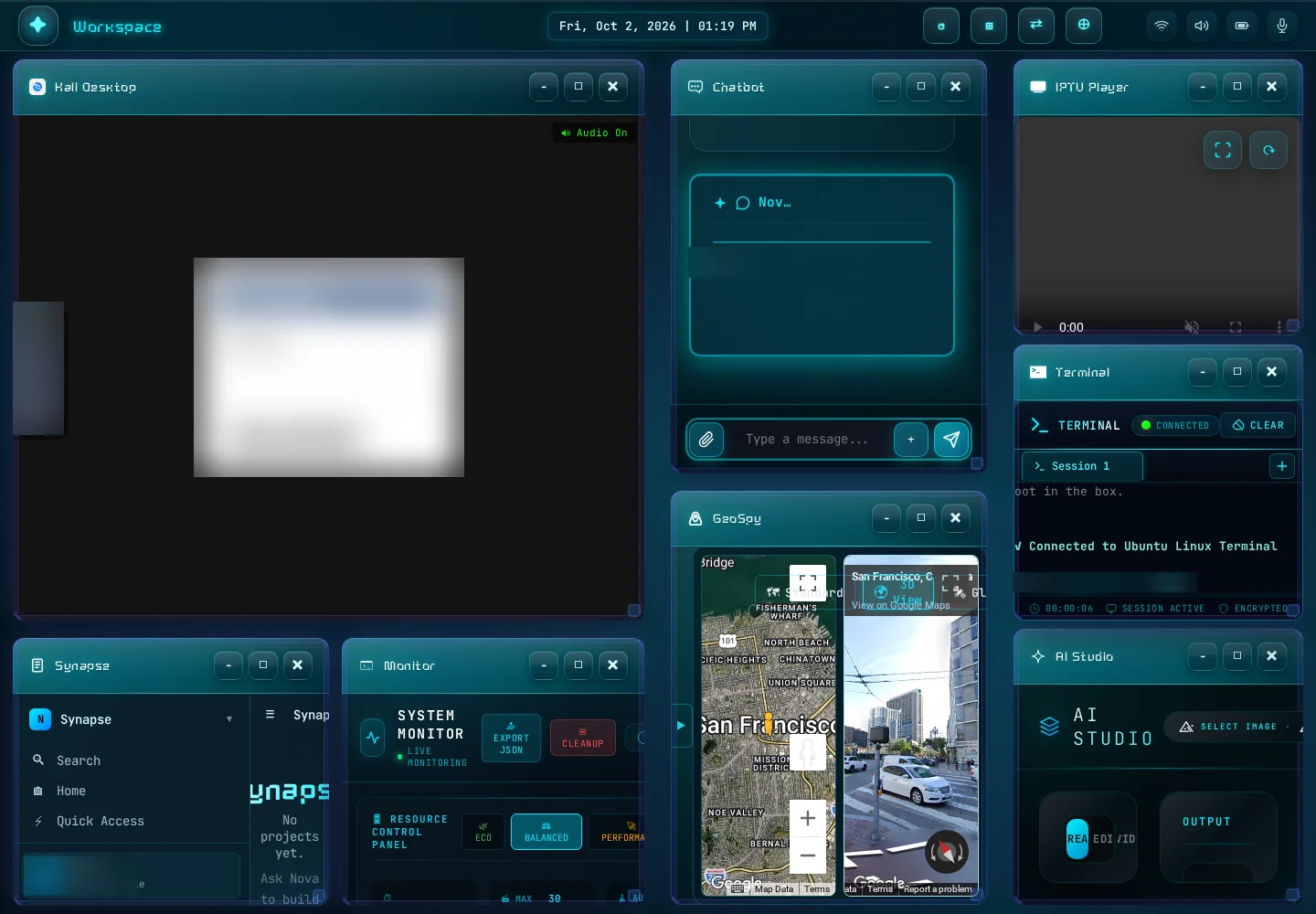 The Workspace on first open: the desktop window, Chatbot, IPTV Player, Terminal, GeoSpy, AI Studio, Synapse and Monitor.