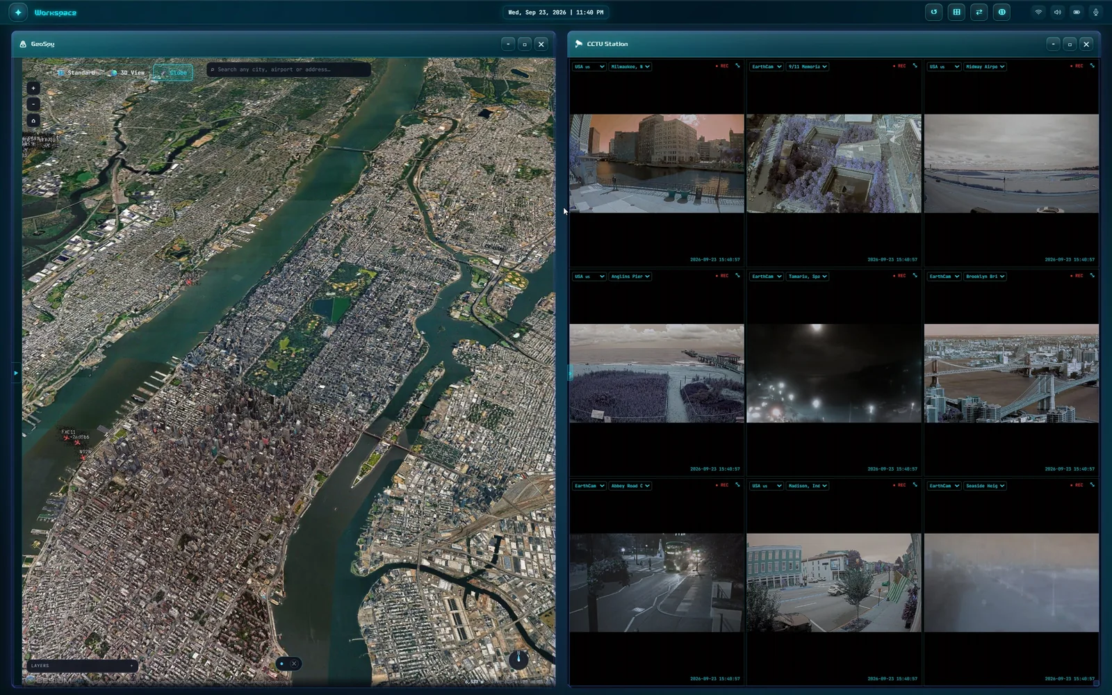 Two windows side by side: GeoSpy's 3D globe and a CCTV Station wall of public cameras.